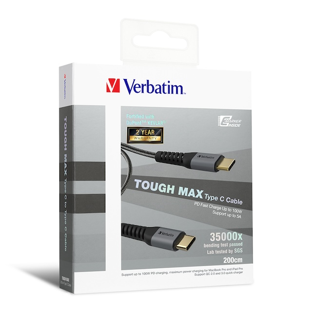 Verbatim Tough Max Kevlar Type C 至 Type C 充電傳輸線 (200cm/太空灰） 傳輸線