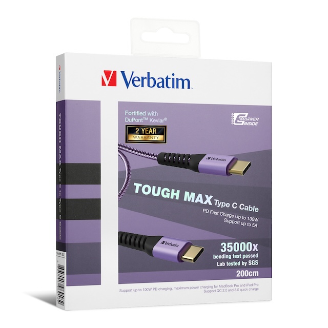 Verbatim Tough Max Kevlar Type C 至 Type C 充電傳輸線 (200cm/紫色） 傳輸線