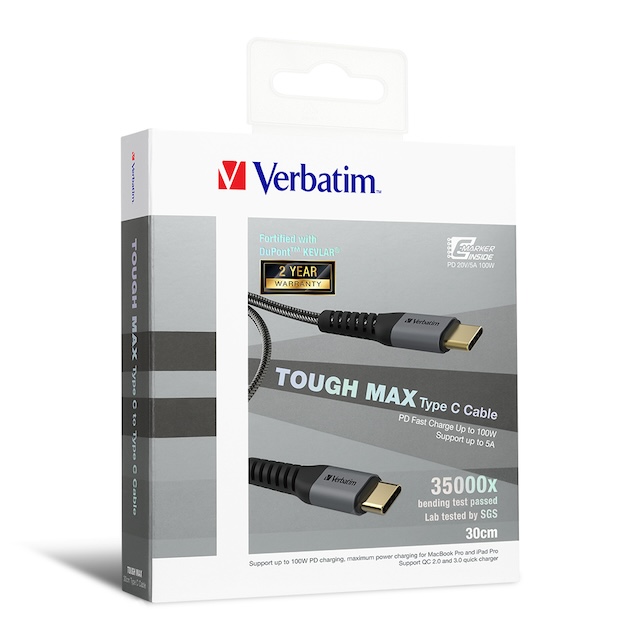 Verbatim Tough Max Kevlar Type C 至 Type C 充電傳輸線 (30cm/天空灰) 傳輸線