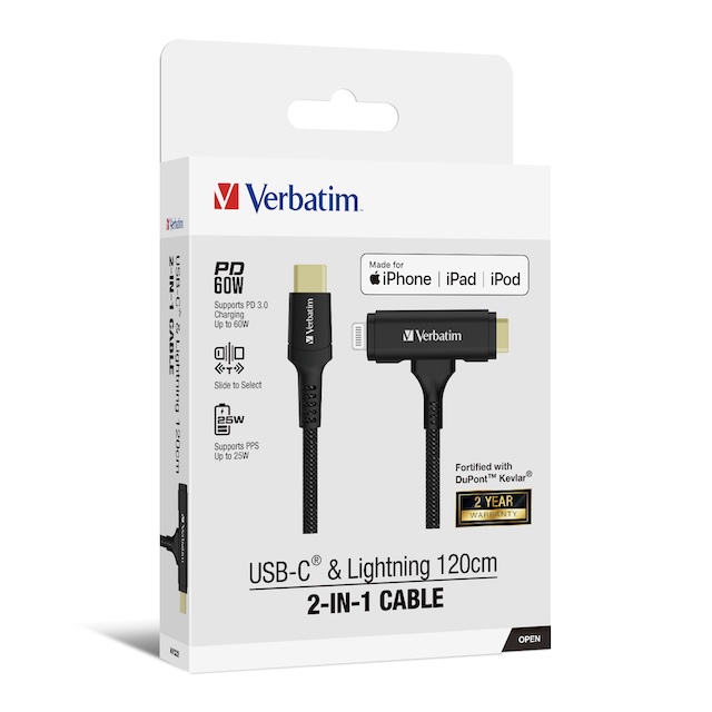 Verbatim USB-C & Lightning 2合1充電傳輸線 (120cm) 傳輸線